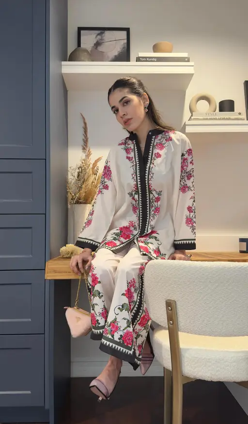 Stylist Cream Floral Printed Top and Bottom Co-ord Set