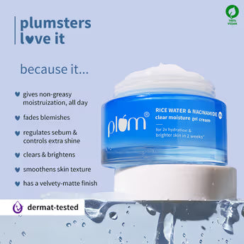 Plum 2% Niacinamide And Rice Water Moisturiser - Lightweight Gel Cream For Oil-Free Hydration