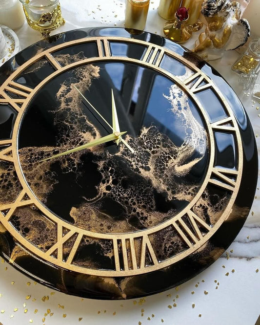 Resin Clock Black with Golden effects