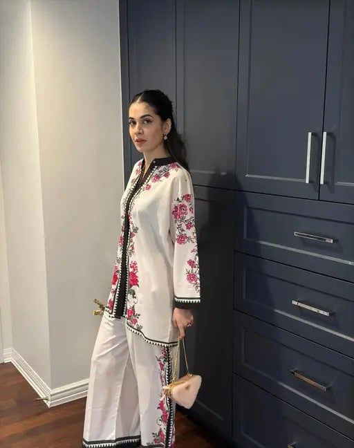Stylist Cream Floral Printed Top and Bottom Co-ord Set
